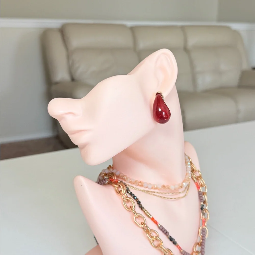 Gold Red Teardrop Drop Earrings - Women Jewelry